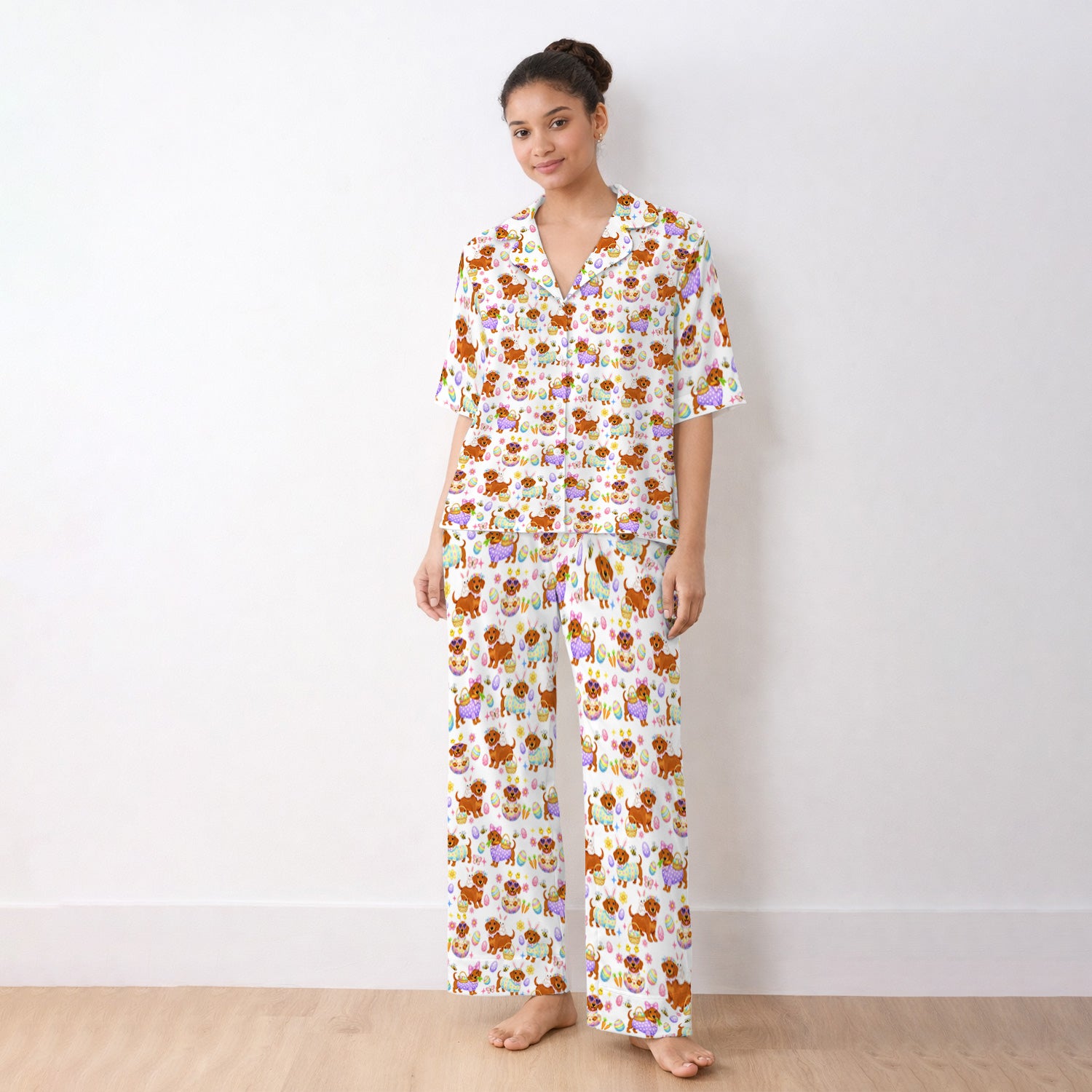 Cute Easter Dachshund Dog Pattern Pajama Set, Breathable Fabrics Uniform