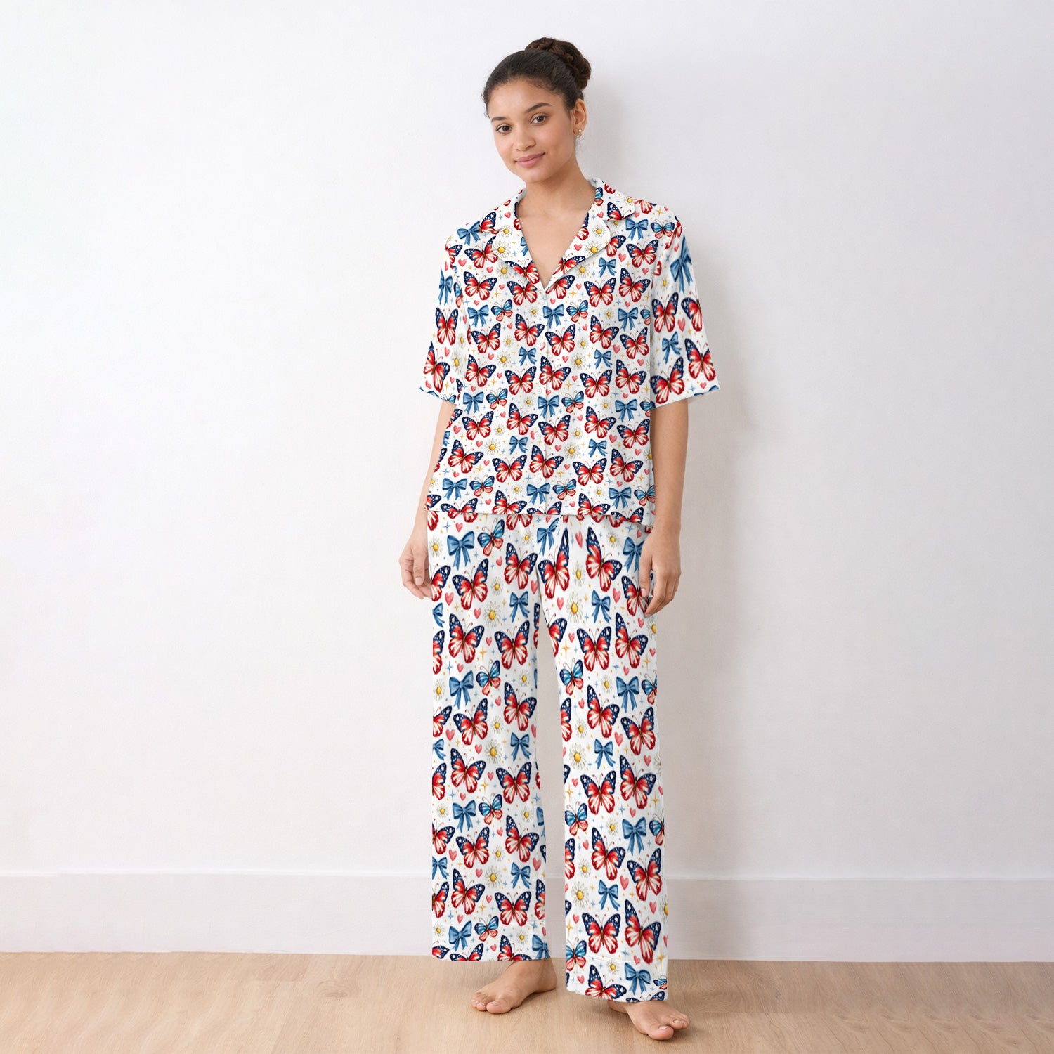 Patriotic Butterfly Bow Daisy Pattern Pajama Set, Soft Breathable Fabric Comfortable Sleepwear