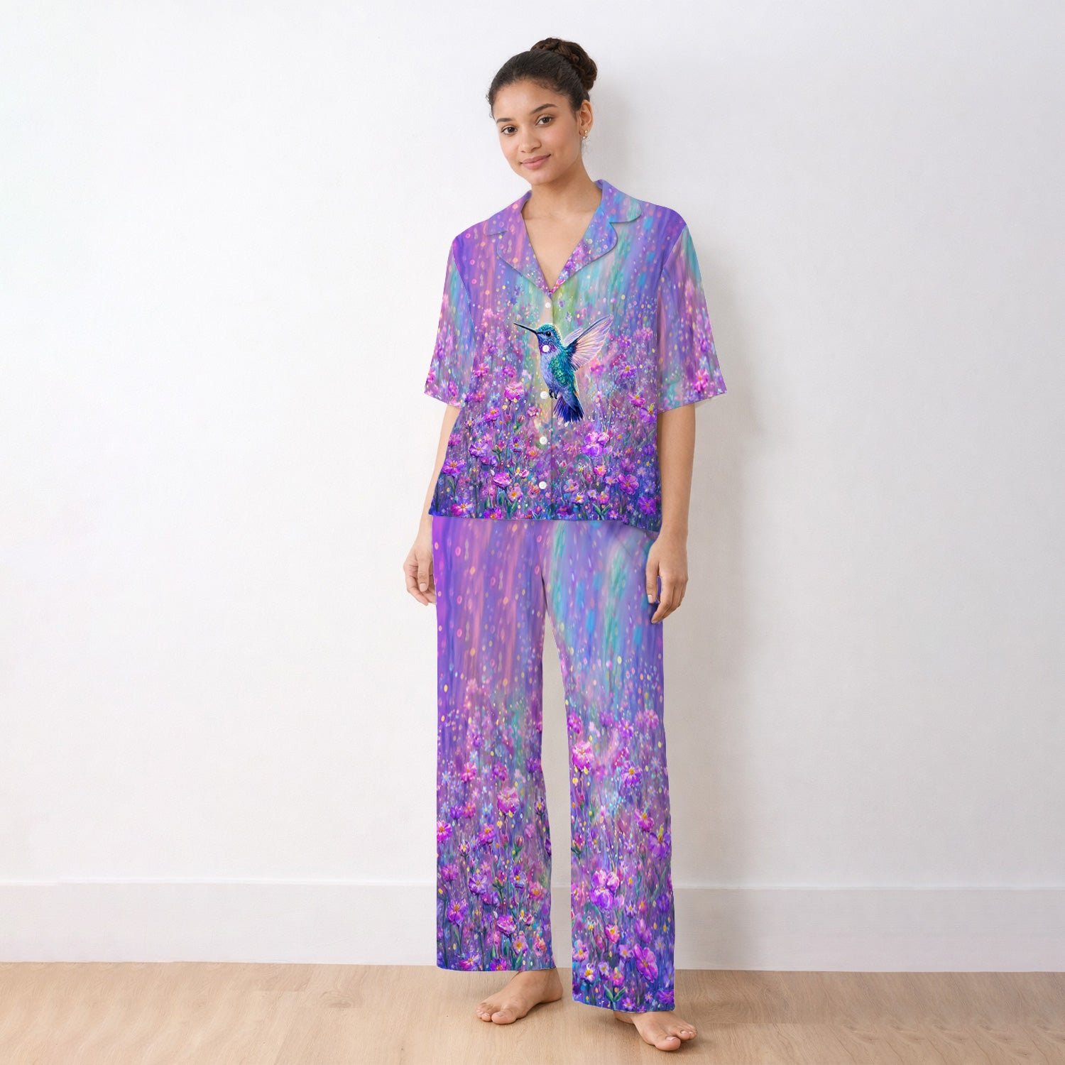Watercolor Hummingbird with Purple Floral Garden Print Pajama Set, Soft Breathable Fabric Comfortable Sleepwear