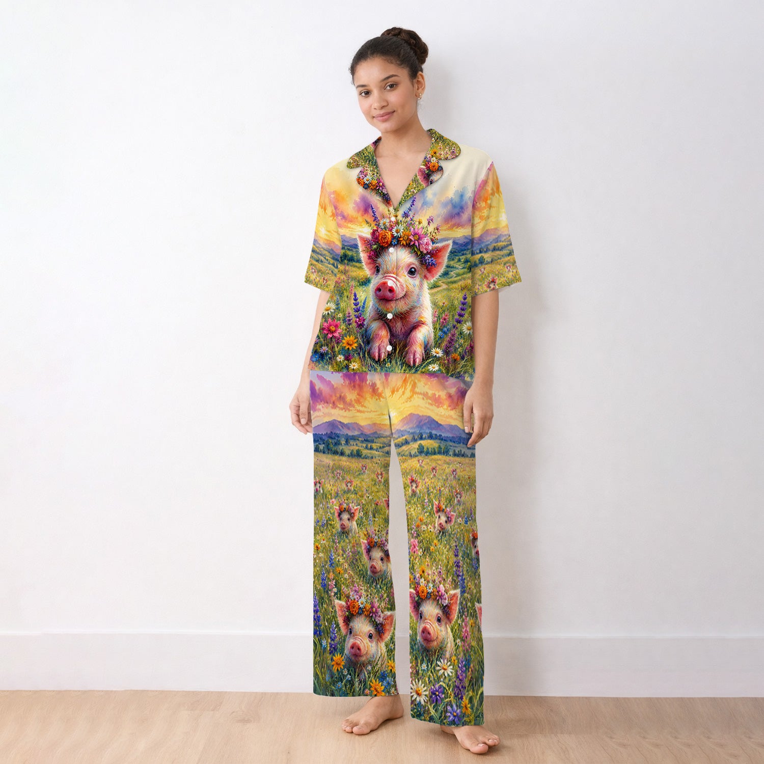 Cute Floral Piglet Pediatric Pattern Pajama Set, Soft Breathable Fabric Comfortable Sleepwear
