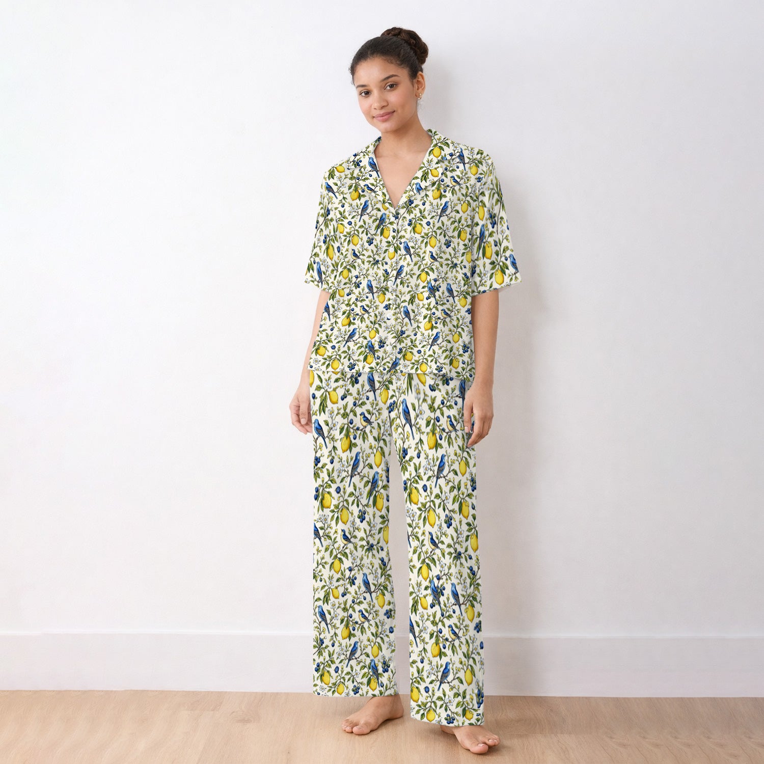 Bluebird Lemon Blossom Pattern Pajama Set, Soft Breathable Fabric Comfortable Sleepwear