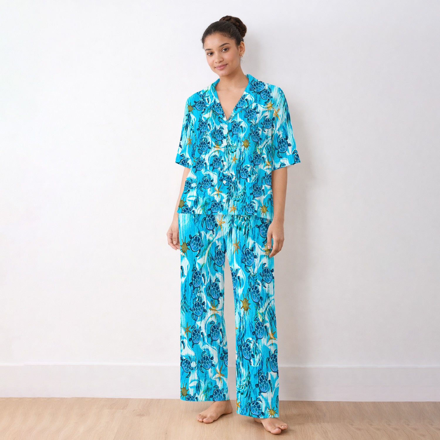 Coastal Marine Life Print Pajama Set, Soft Breathable Fabric Comfortable Sleepwear