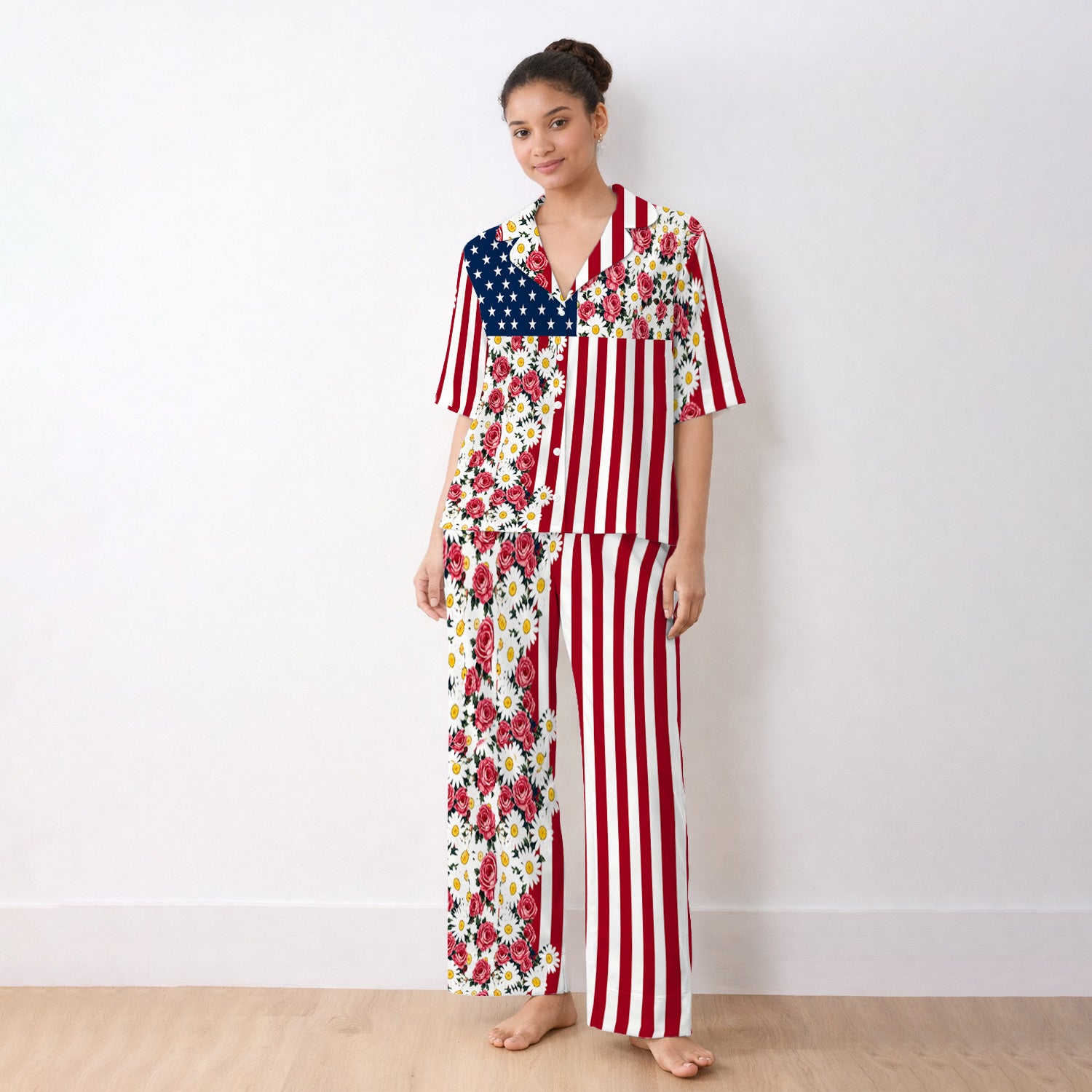 Floral American Flag Nurse Scrub Top for RN, CNA, Healthcare Workers, Patriotic Uniform Pajama Set, Soft Breathable Fabric Comfortable Sleepwear