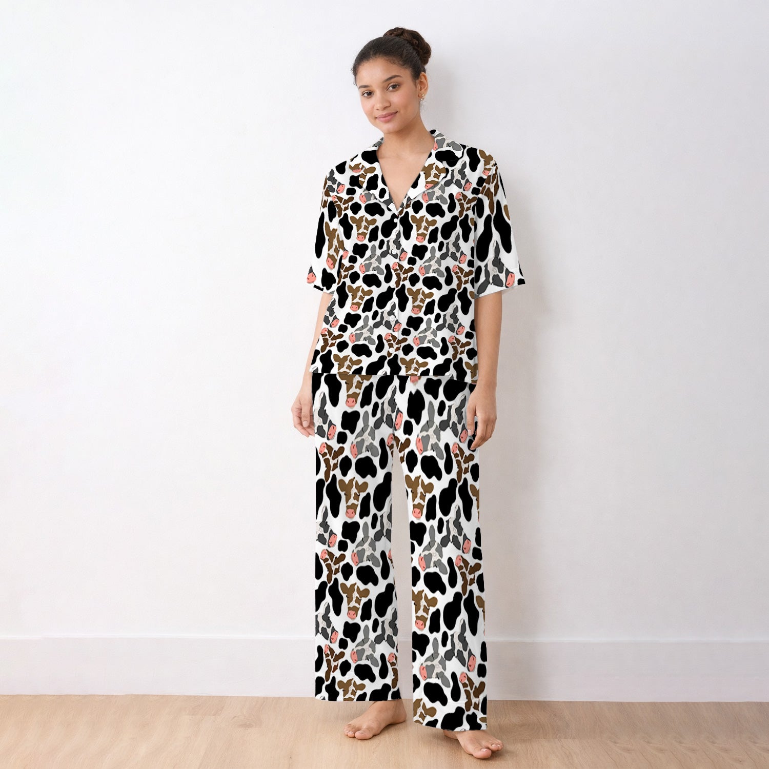 Cute Cow Face Black White Pattern Nurse Pajama Set, Soft Breathable Fabric Comfortable Sleepwear