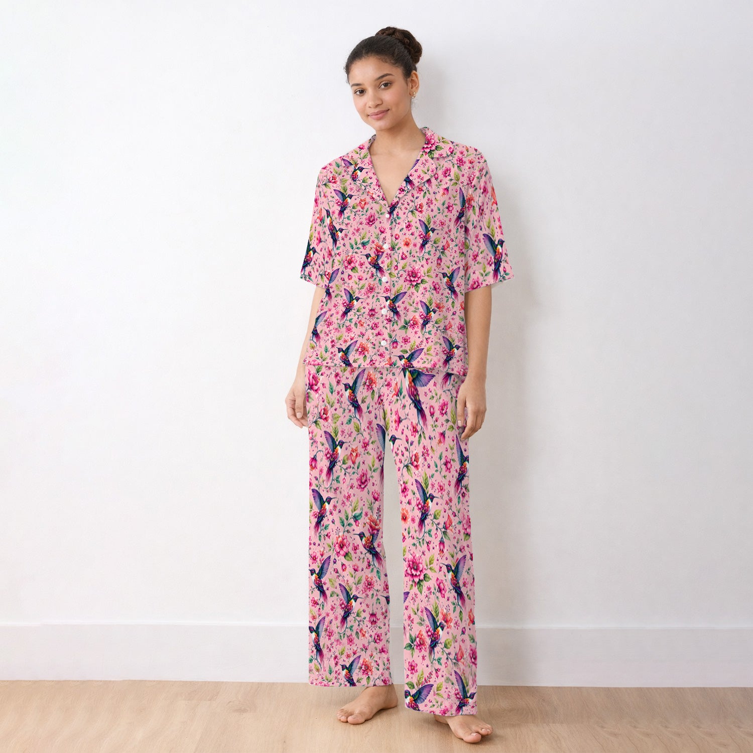 Pink Hummingbird Floral Garden Pattern Pajama Set, Soft Breathable Fabric Comfortable Sleepwear