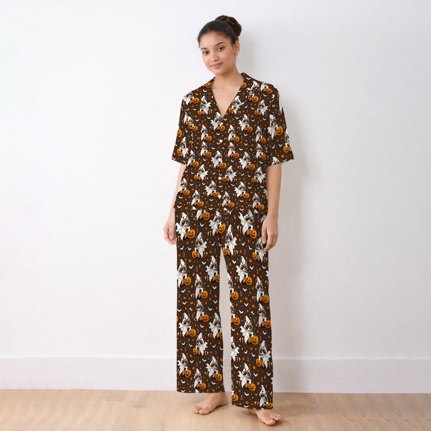 Halloween Ghost Raccoon Pumpkin Pajama Set, Soft Breathable Fabric Comfortable Sleepwear