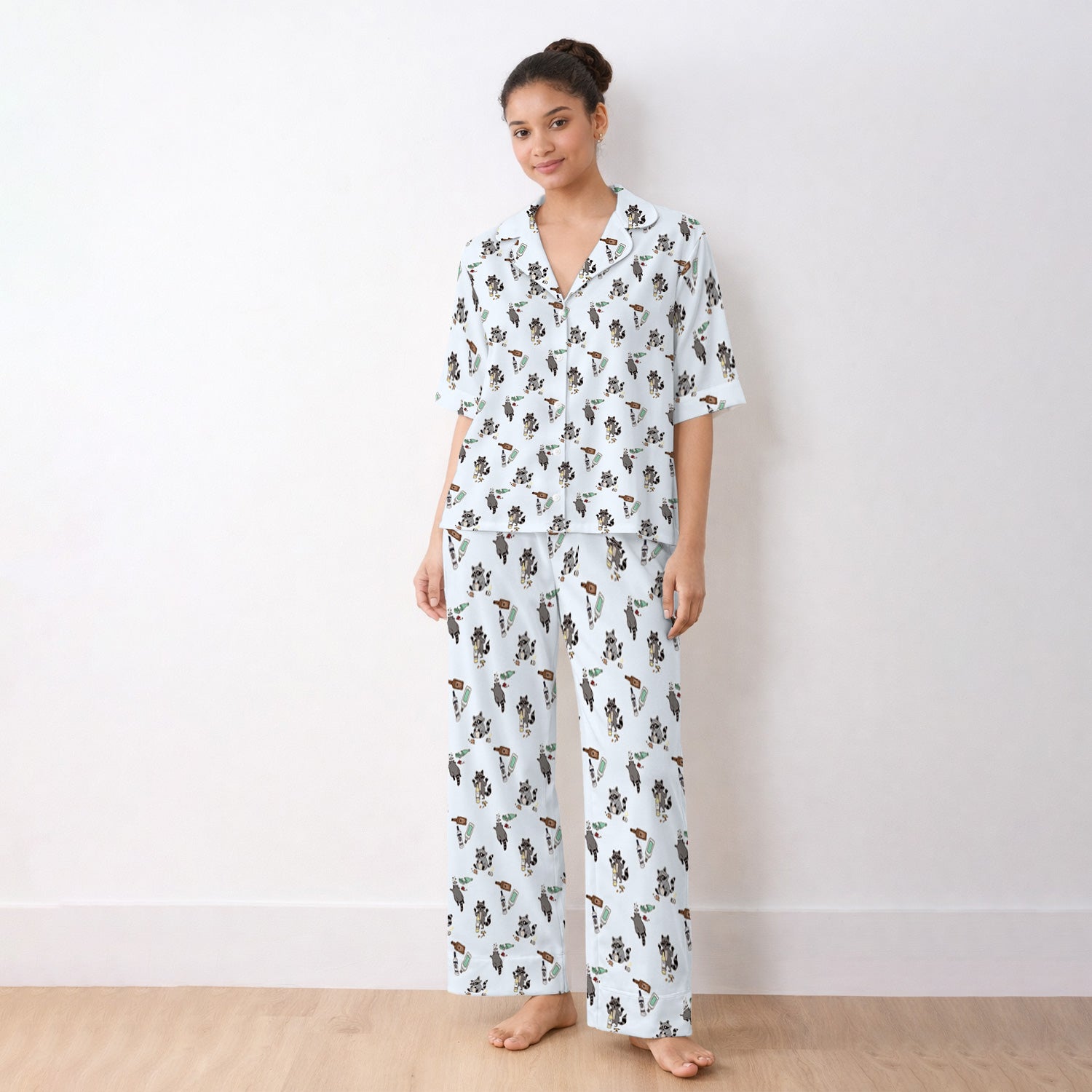 Messy Drunk Raccoon Pattern Pajama Set, Soft Breathable Fabric Comfortable Sleepwear