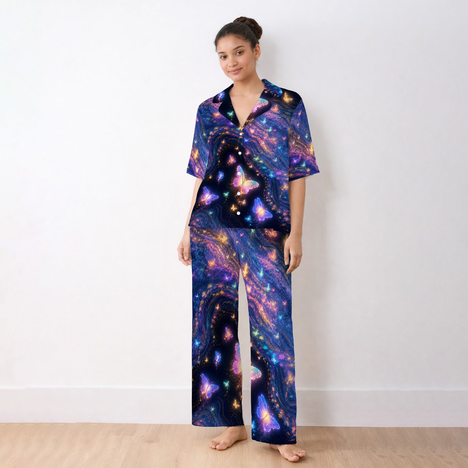 Neon Butterfly Galaxy Marble Print Pajama Set, Soft Breathable Fabric Comfortable Sleepwear