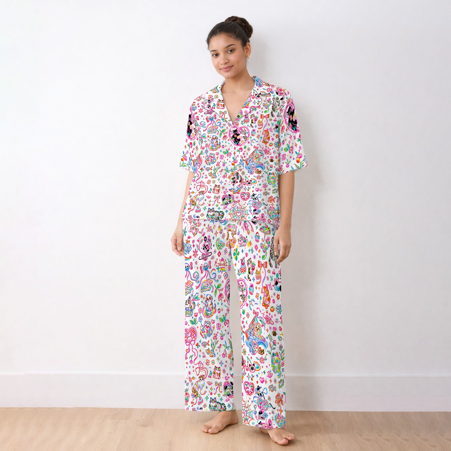 Colorful Kawaii Cat Heart Doodle Pattern Pajama Set, Soft Breathable Fabric Comfortable Sleepwear