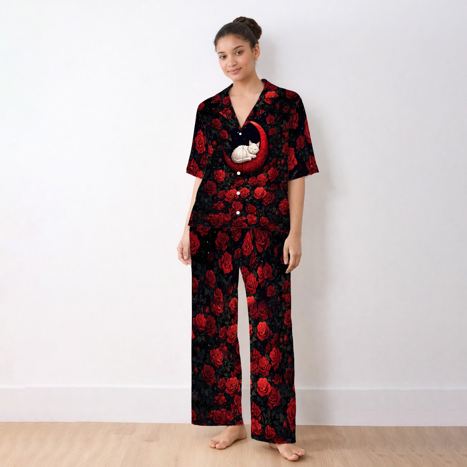 Gothic Red Moon Cat Nurse for Veterinary Staff, RN, CNA, Rose Medical Pajama Set, Soft Breathable Fabric Comfortable Sleepwear