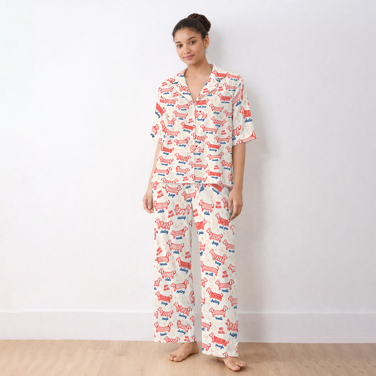 Cute Pups On Call Dachshund Pattern Pajama Set, Soft Breathable Fabric Comfortable Sleepwear