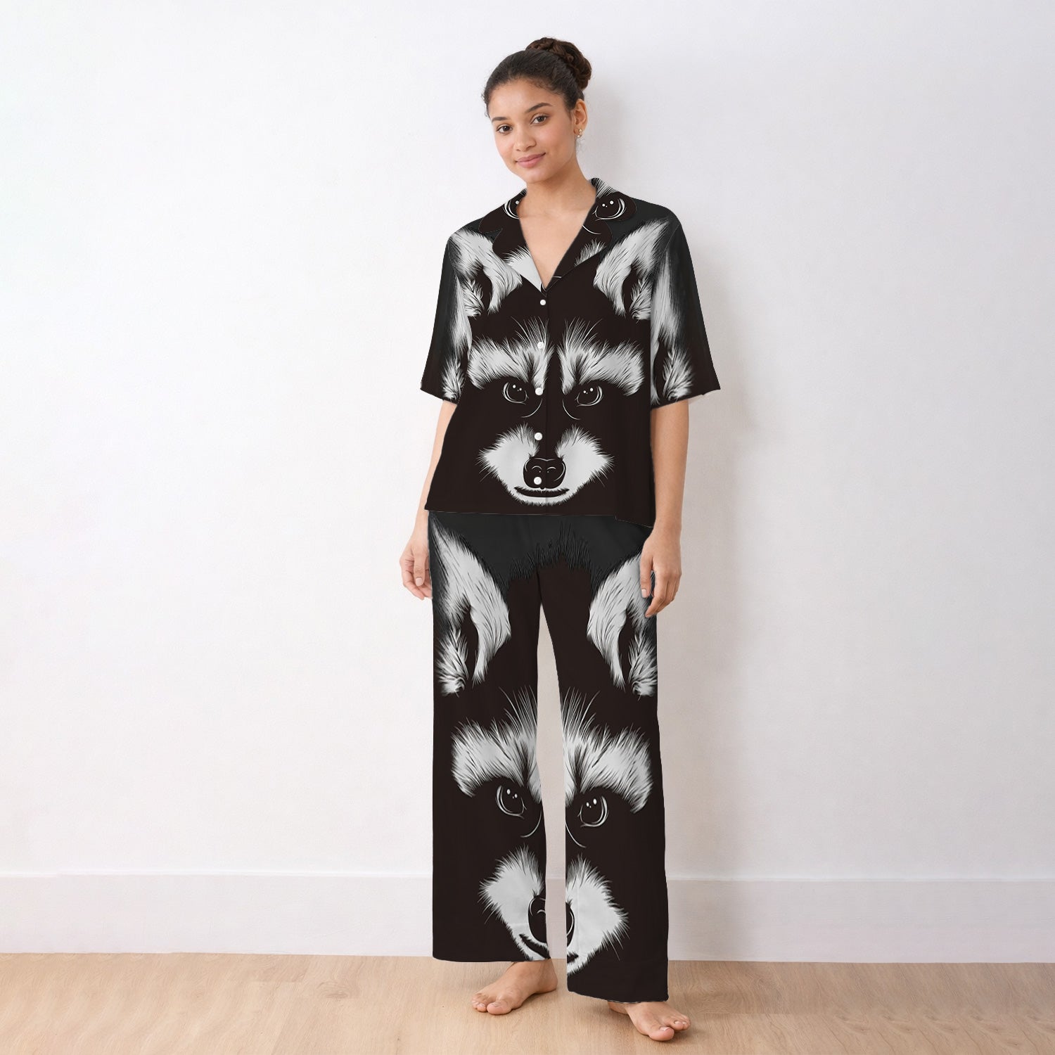 Black White Raccoon Face Pattern Pajama Set, Soft Breathable Fabric Comfortable Sleepwear