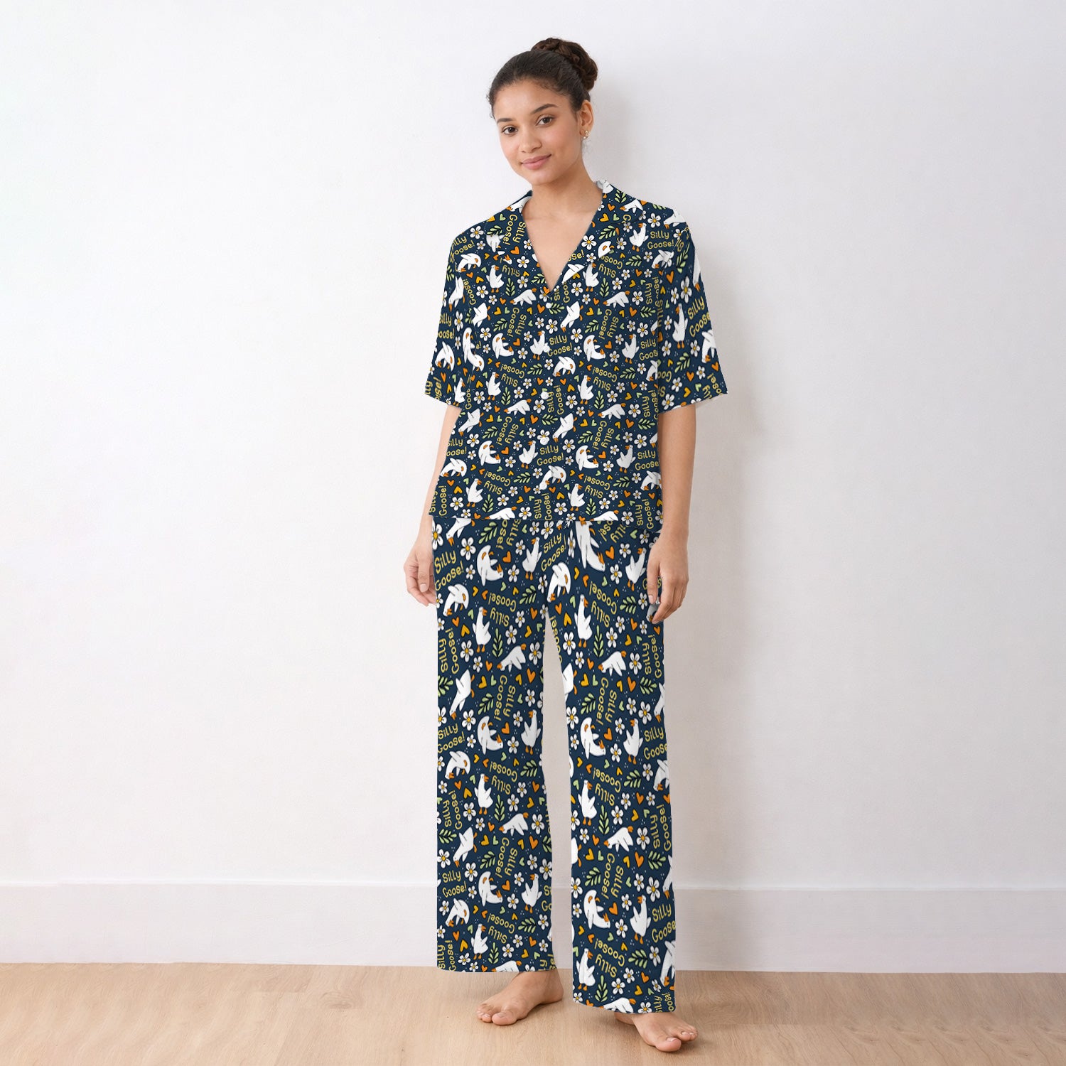 Silly Goose Floral Pattern Pajama Set, Soft Breathable Fabric Comfortable Sleepwear
