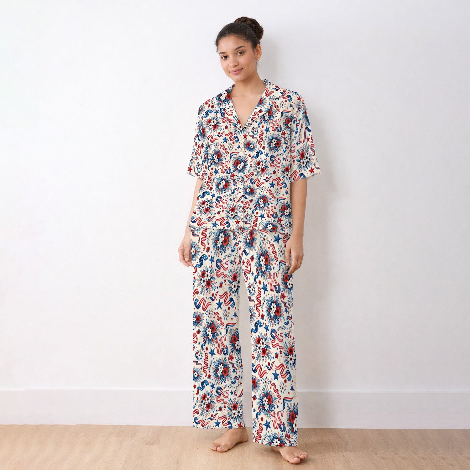 Patriotic Floral Ribbon Nurse for RN & CNA, Americana Healthcare Workers Uniform Pajama Set, Soft Breathable Fabric Comfortable Sleepwear