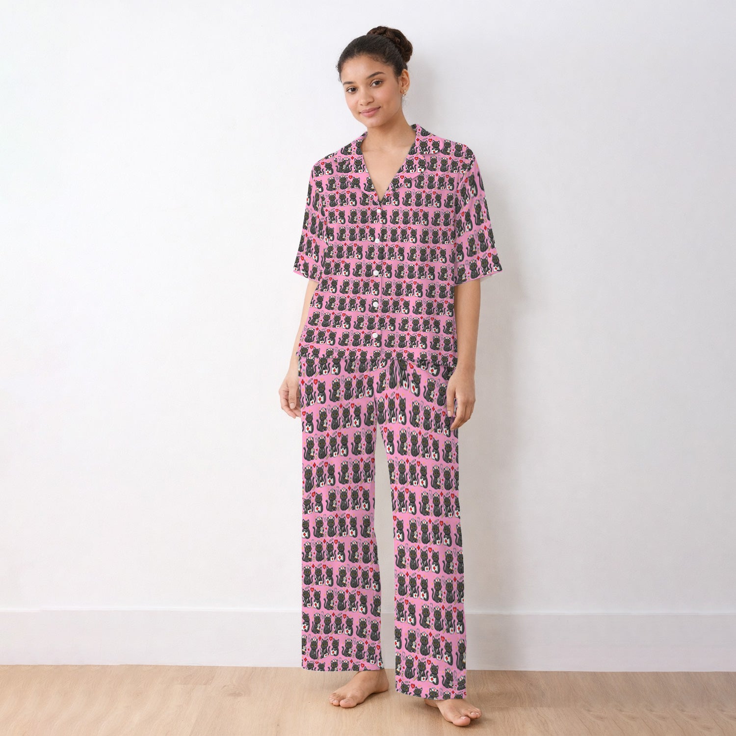 Black Cat Nurse Medical Icons Pajama Set, Soft Breathable Fabric Comfortable Sleepwear