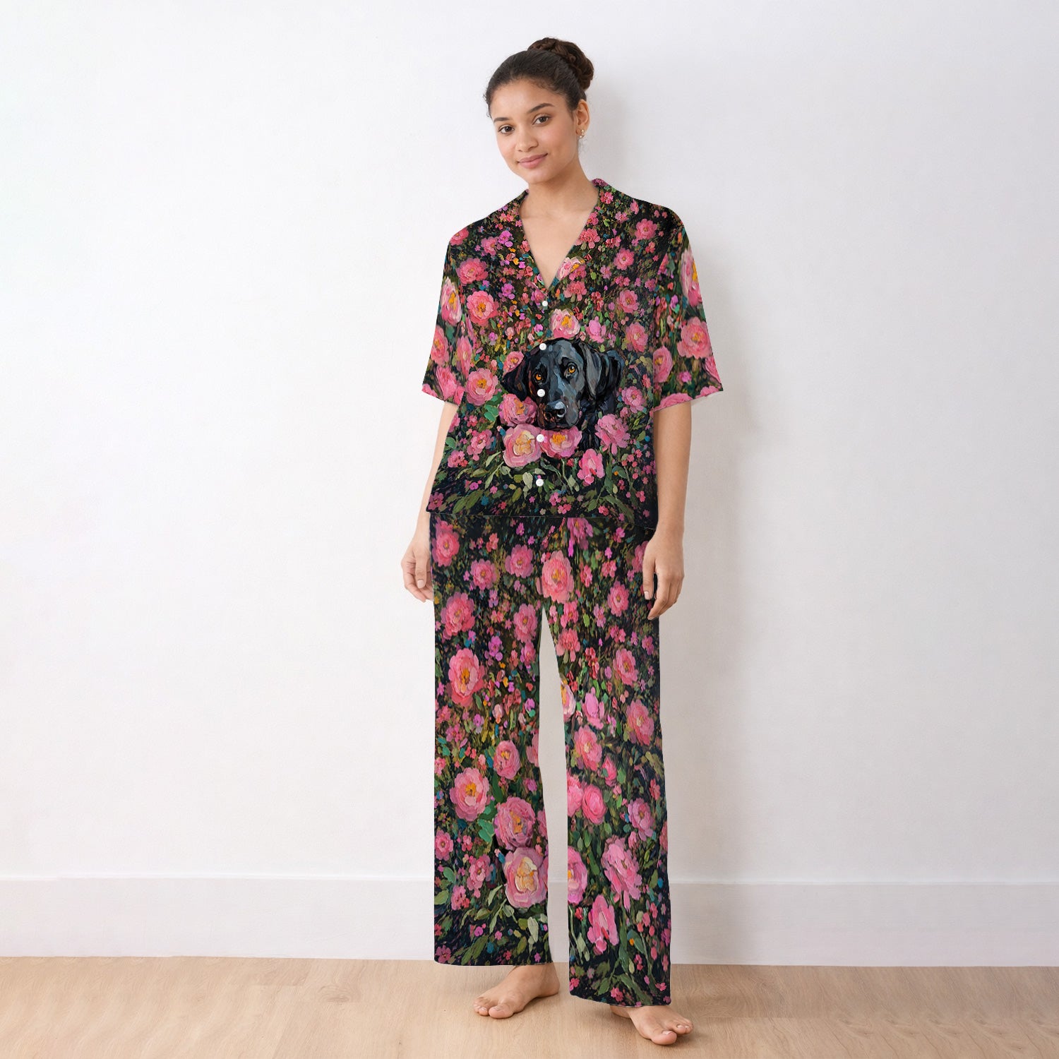 Painterly Floral Black Dog Pattern, Pet Lover Medical Pajama Set, Soft Breathable Fabric Comfortable Sleepwear