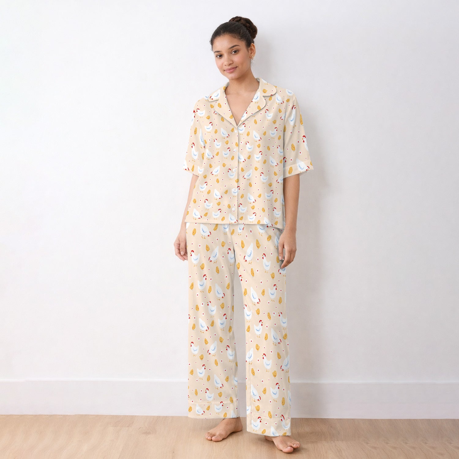 Chicken And Cute Chicks Pattern Pajama Set, Breathable Fabrics Uniform