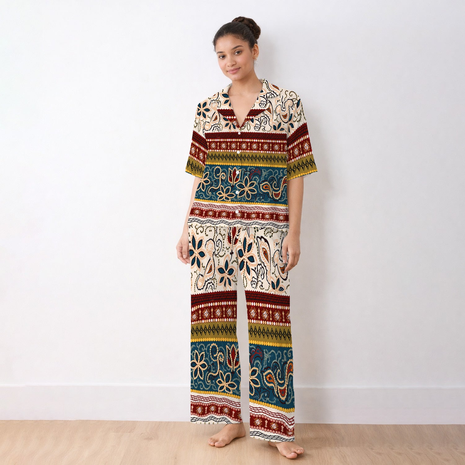 Boho Paisley Floral Stripe Pattern Pajama Set, Soft Breathable Fabric Comfortable Sleepwear