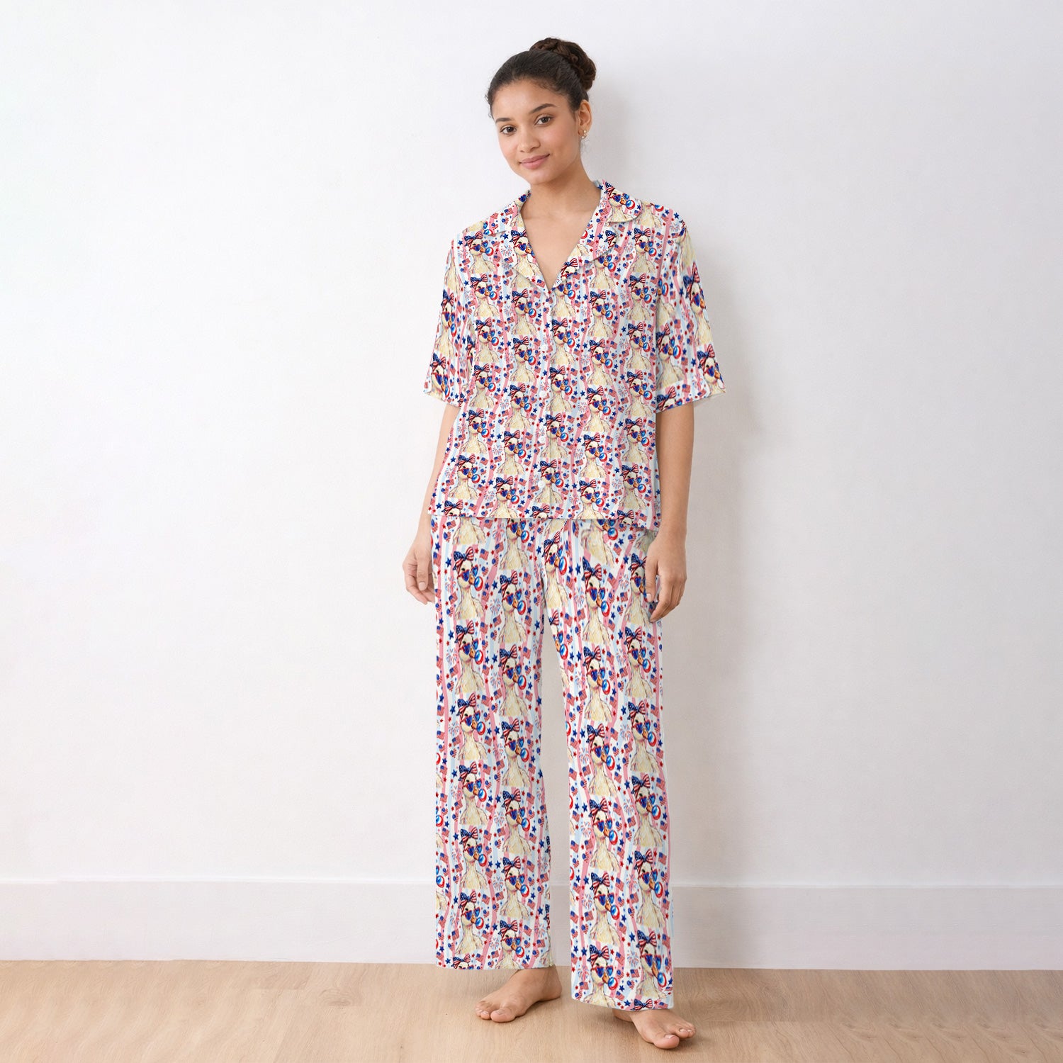 Cute Patriotic Goose Nurse Pattern Pajama Set, Soft Breathable Fabric Comfortable Sleepwear