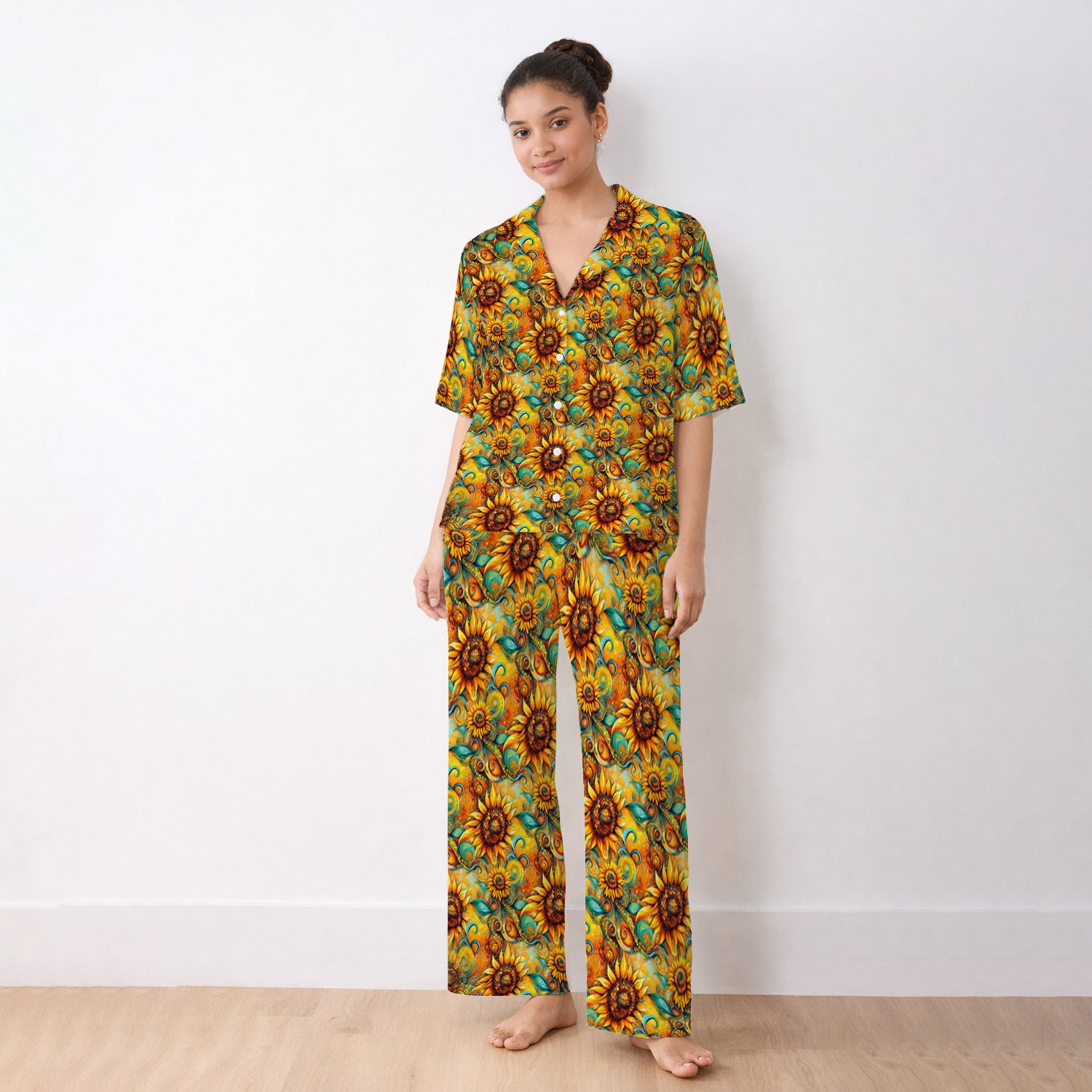 Sunflower Swirl Floral Pattern Pajama Set, Breathable Fabrics Uniform