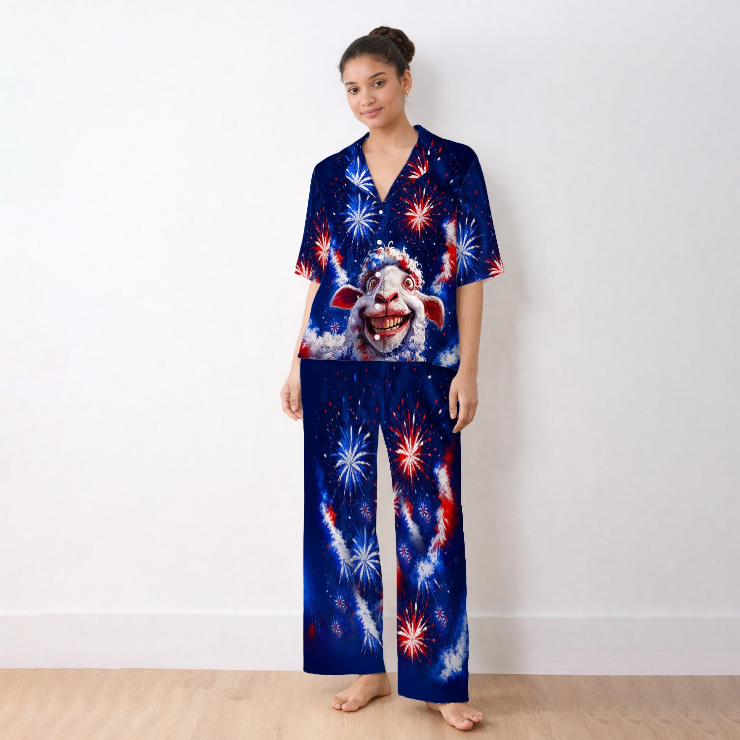 Funny Patriotic Sheep Fireworks Print Pajama Set, Soft Breathable Fabric Comfortable Sleepwear