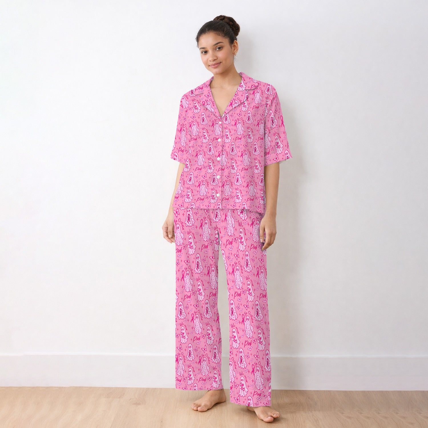 Pink Ribbon Ghost Pajama Set, Soft Breathable Fabric Comfortable Sleepwear