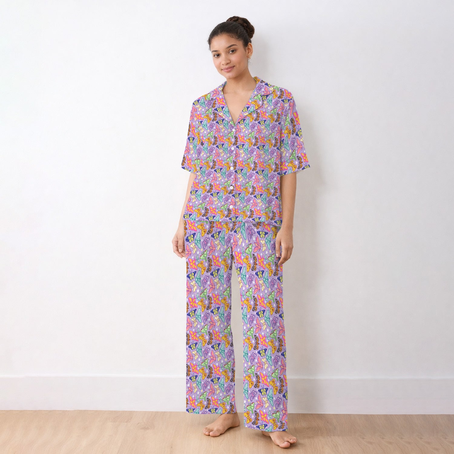 Colorful Butterfly Moth Garden Pattern Pajama Set, Soft Breathable Fabric Comfortable Sleepwear