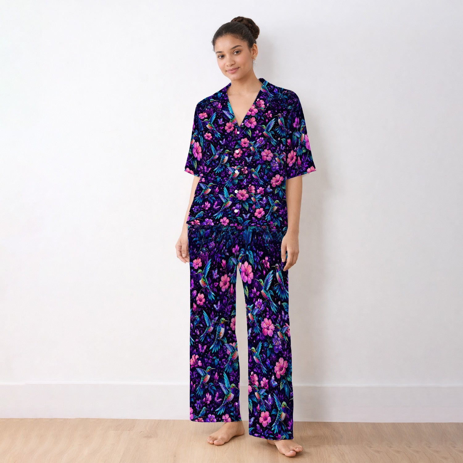 Vibrant Hummingbird Hibiscus Blossom Pattern Pajama Set, Soft Breathable Fabric Comfortable Sleepwear