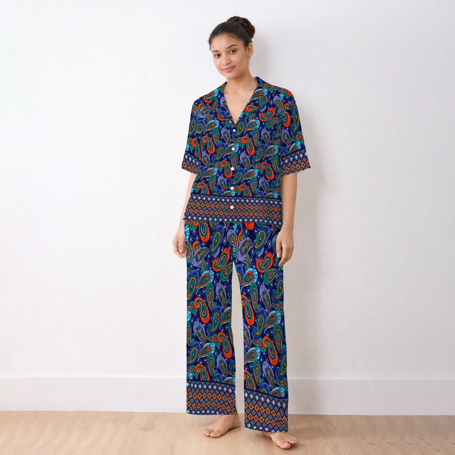 Colorful Paisley Geometric Border Pattern Pajama Set, Soft Breathable Fabric Comfortable Sleepwear