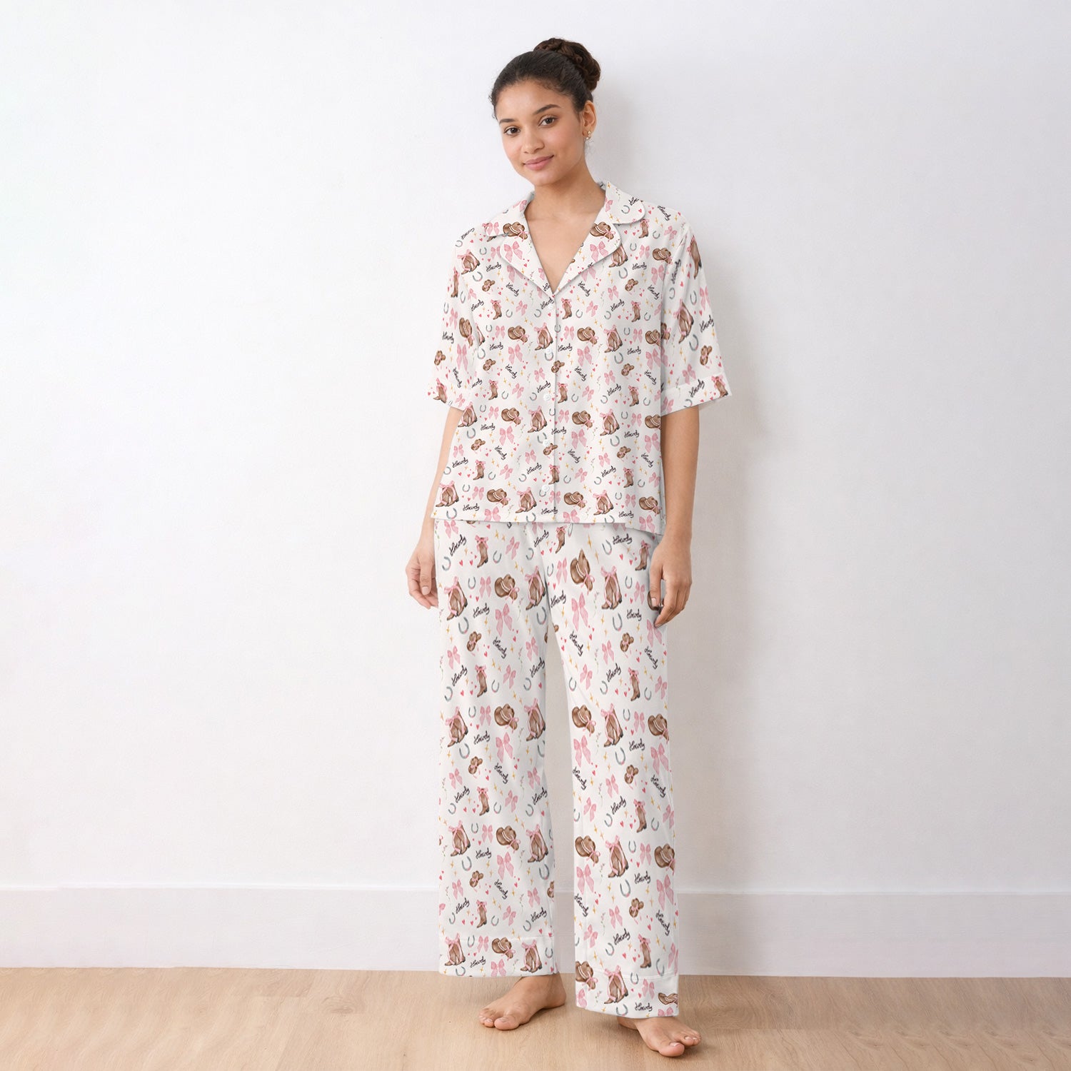 Cute Pink Cowgirl Boots Pattern Pajama Set, Soft Breathable Fabric Comfortable Sleepwear