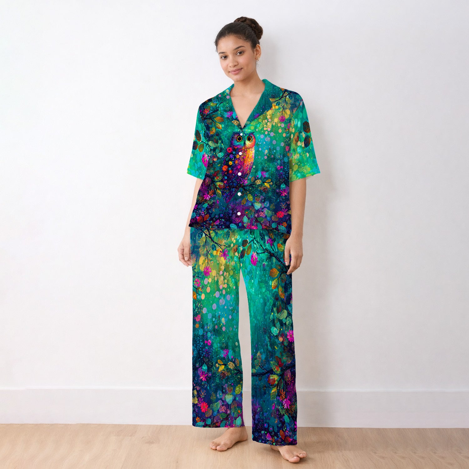Vibrant Neon Owl Pattern, Colorful Forest Medical Pajama Set, Soft Breathable Fabric Comfortable Sleepwear