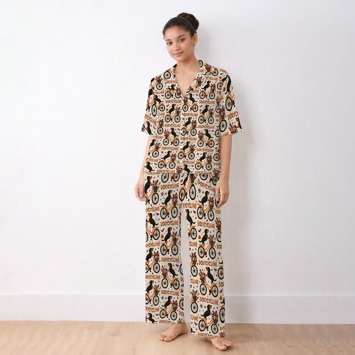 Halloween Dachshund with Doxycycline Bike Print Pajama Set, Soft Breathable Fabric Comfortable Sleepwear