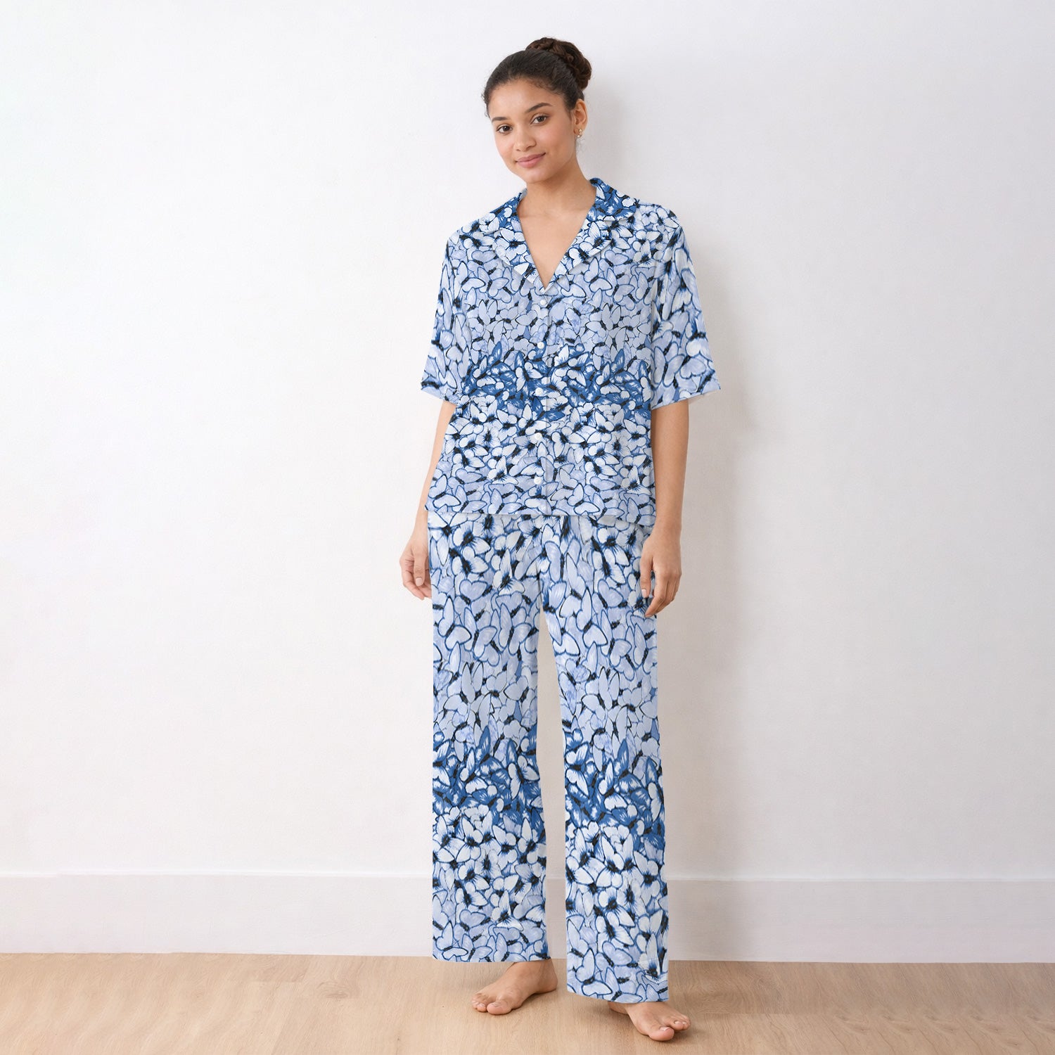 Blue Butterfly Floral Pattern Pajama Set, Soft Breathable Fabric Comfortable Sleepwear