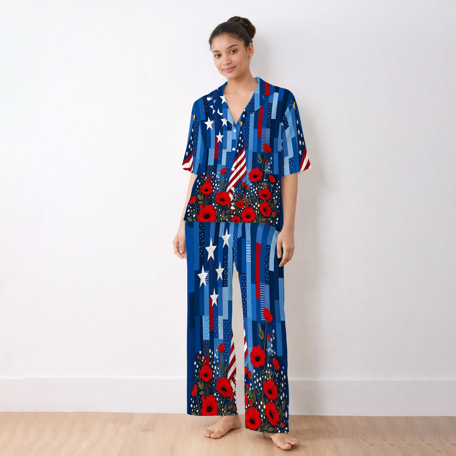 Patriotic Nurse Flag Poppy Pattern Pajama Set, Soft Breathable Fabric Comfortable Sleepwear