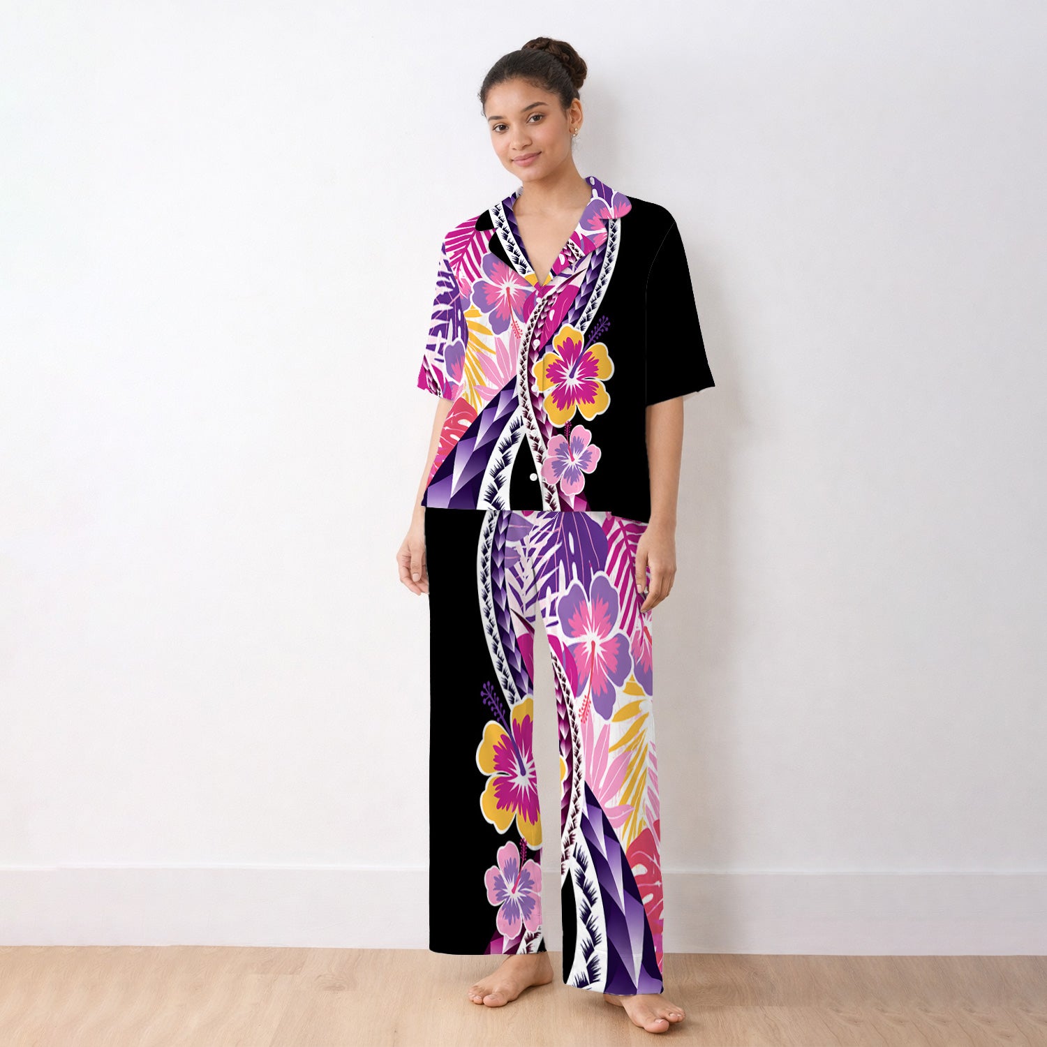 Nurse Tropical Hibiscus Leaf Pattern Pajama Set, Soft Breathable Fabric Comfortable Sleepwear