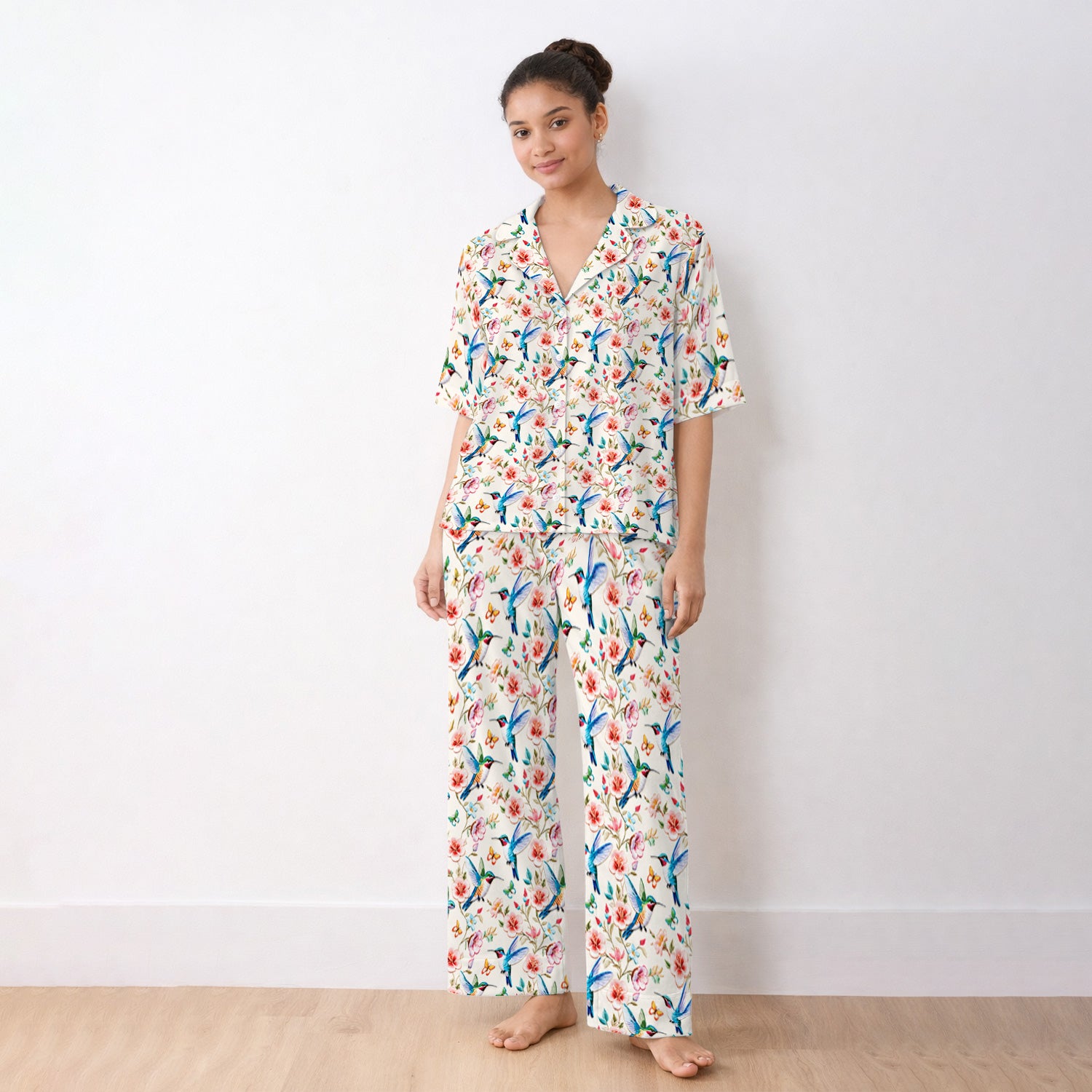 Hummingbird Blossom Butterfly Pattern Pajama Set, Soft Breathable Fabric Comfortable Sleepwear