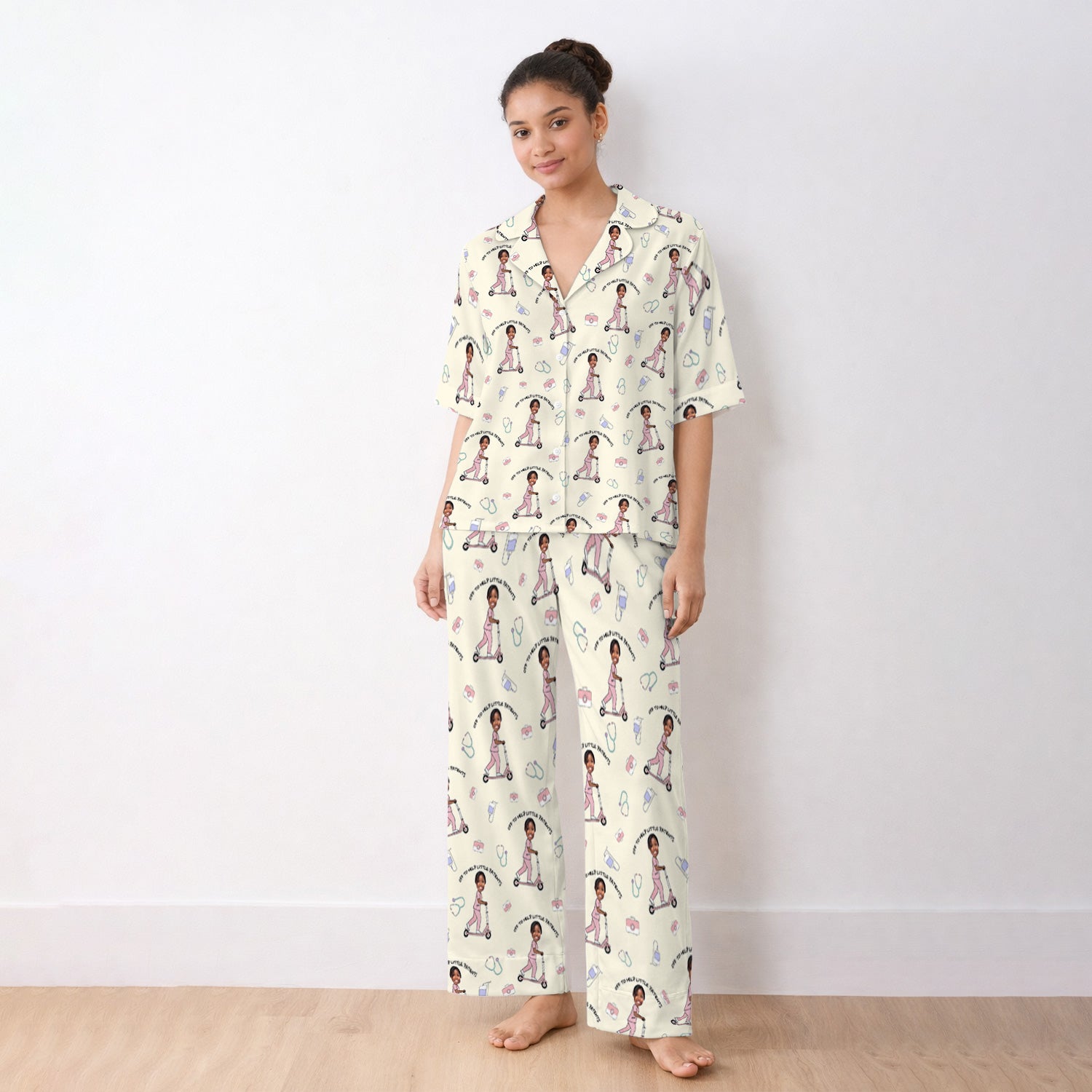 Custom Face Pediatric Nurse Scooter Pattern Pajama Set, Soft Breathable Fabric Comfortable Sleepwear