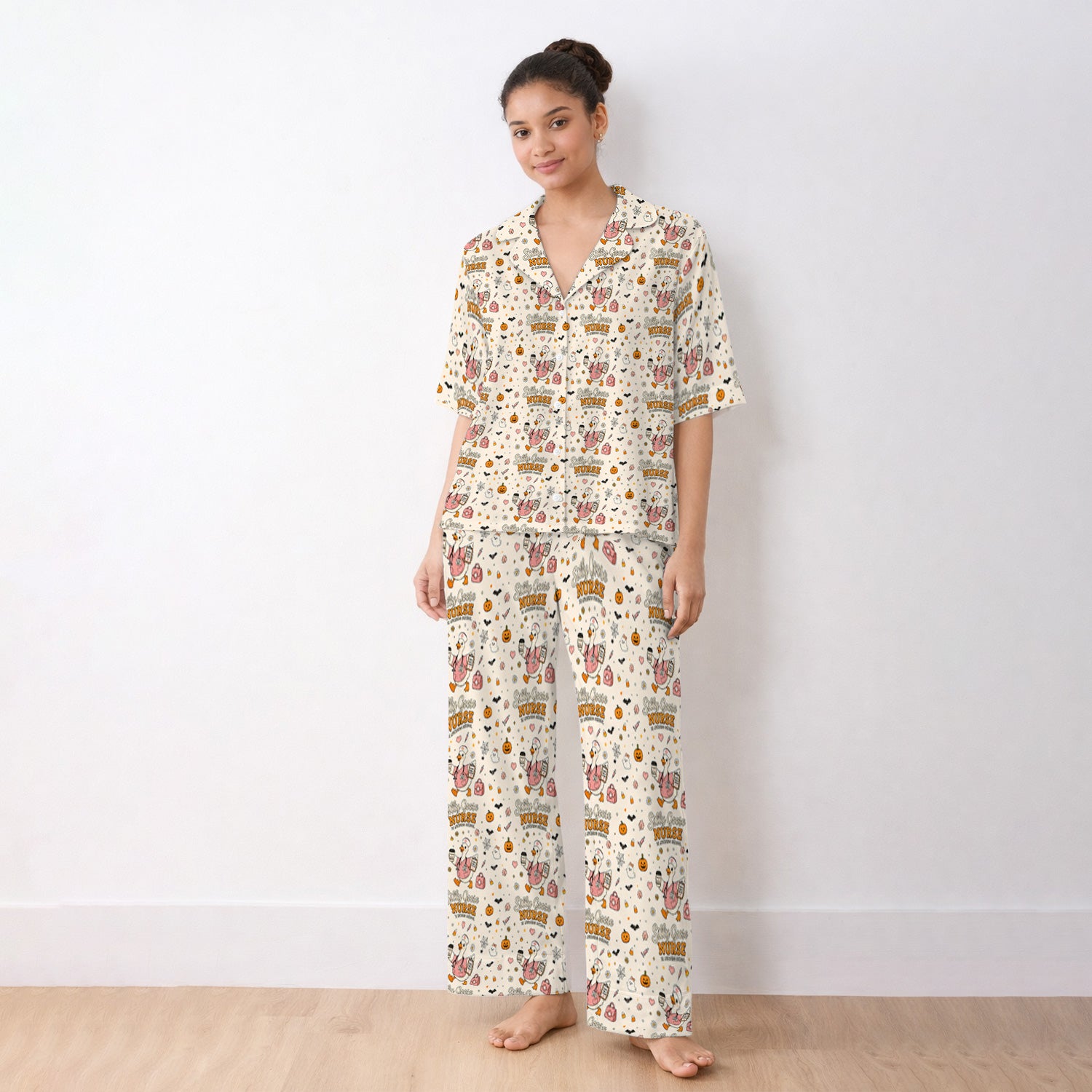 Funny Halloween Silly Goose Pattern Pajama Set, Soft Breathable Fabric Comfortable Sleepwear