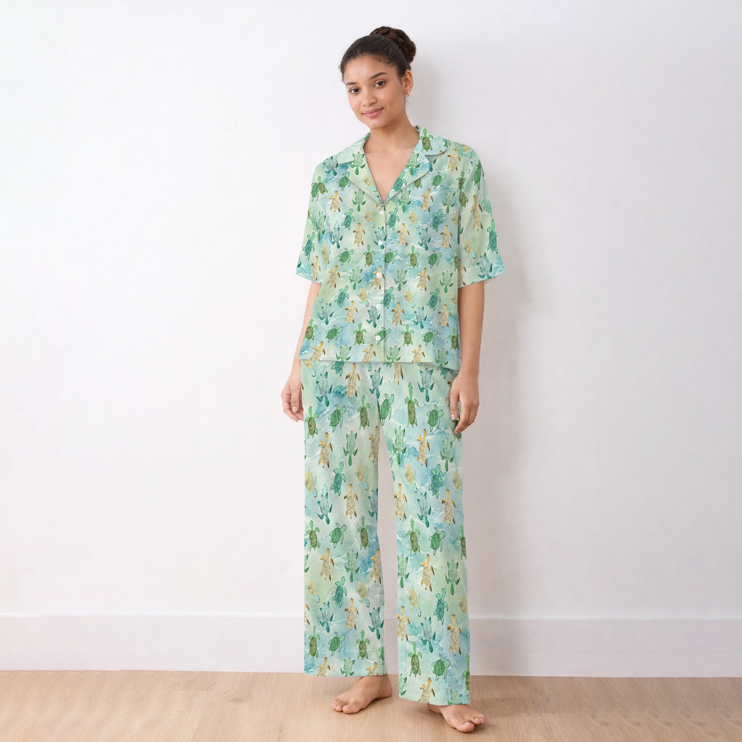 Watercolor Sea Turtle Pattern Pajama Set, Soft Breathable Fabric Comfortable Sleepwear