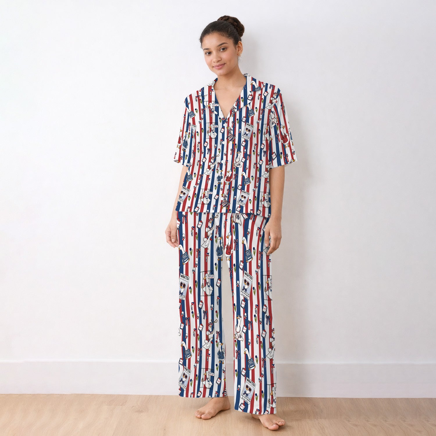 Funny Patriotic Goose Nurse Pattern Pajama Set, Soft Breathable Fabric Comfortable Sleepwear