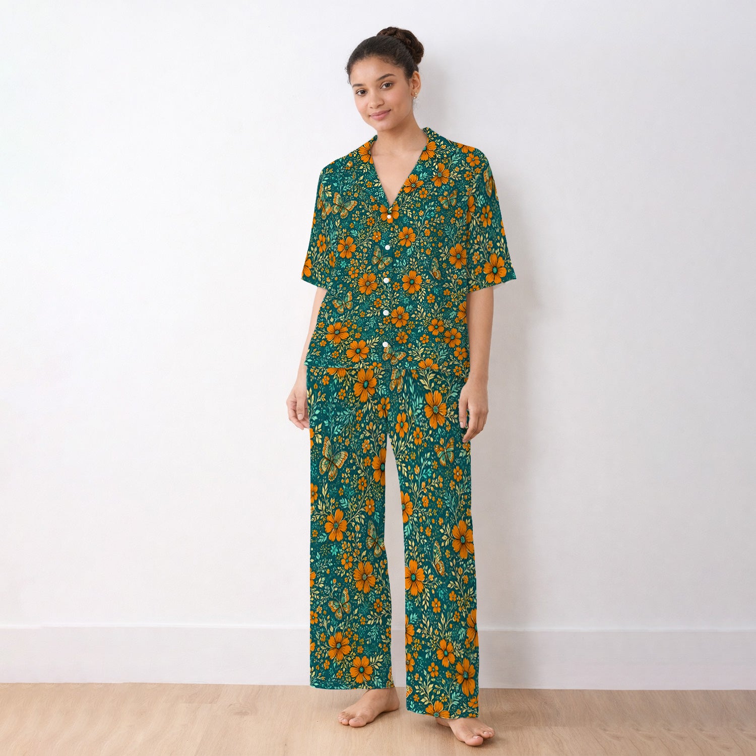 Orange Floral Butterfly Vine Pattern Pajama Set, Soft Breathable Fabric Comfortable Sleepwear