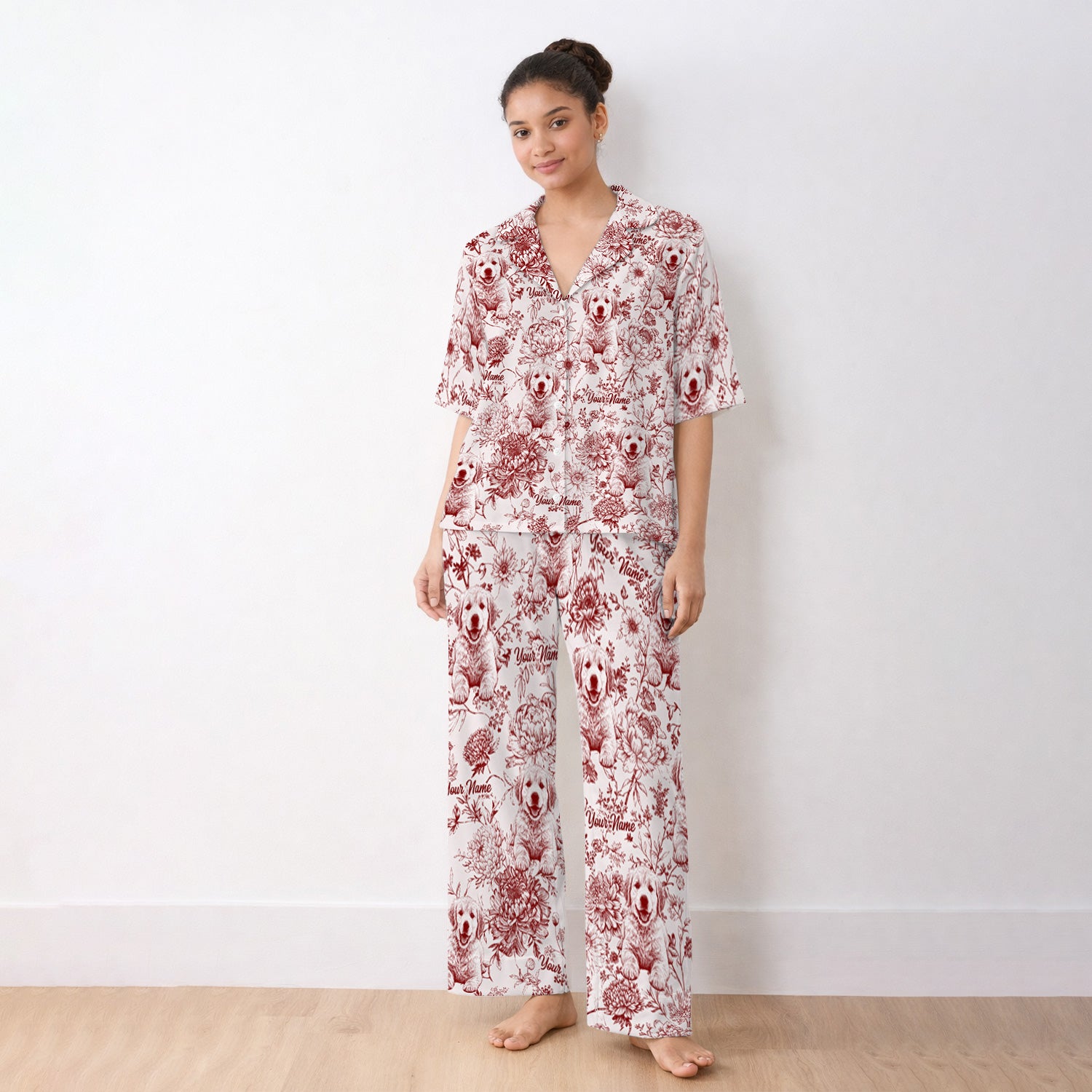 Personalized Custom Pet Photo Name Floral Pattern Pajama Set, Soft Breathable Fabric Comfortable Sleepwear