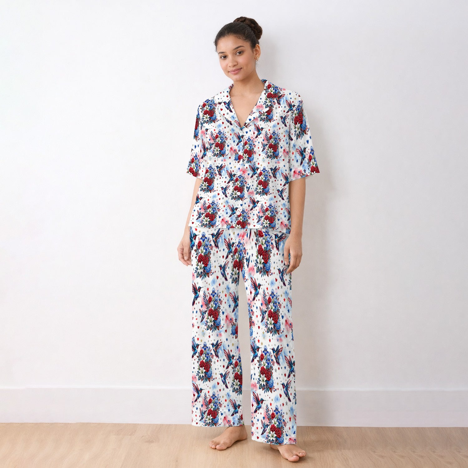 Patriotic Hummingbird Floral Bouquet Pattern Pajama Set, Soft Breathable Fabric Comfortable Sleepwear