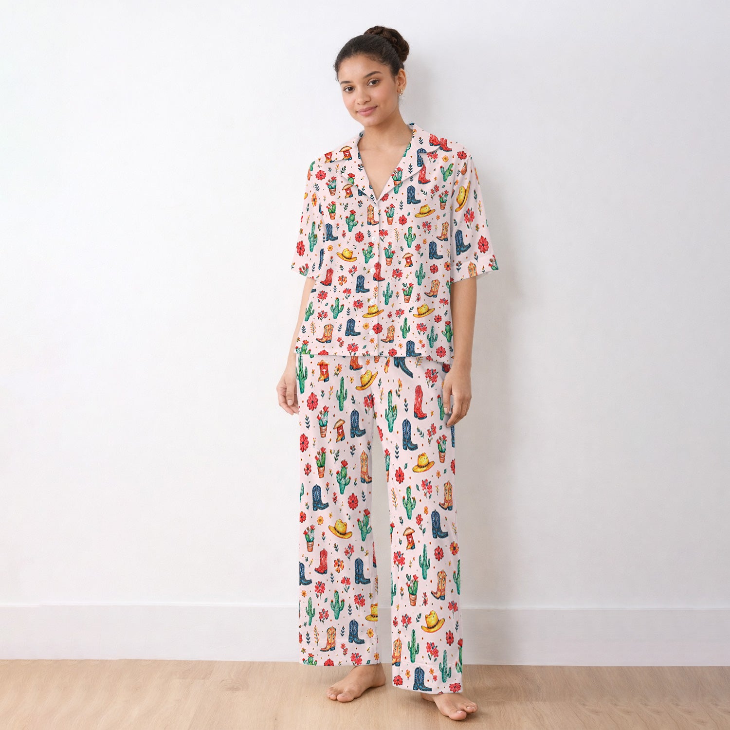 Whimsical Western Cactus Boots Pattern Pajama Set, Soft Breathable Fabric Comfortable Sleepwear