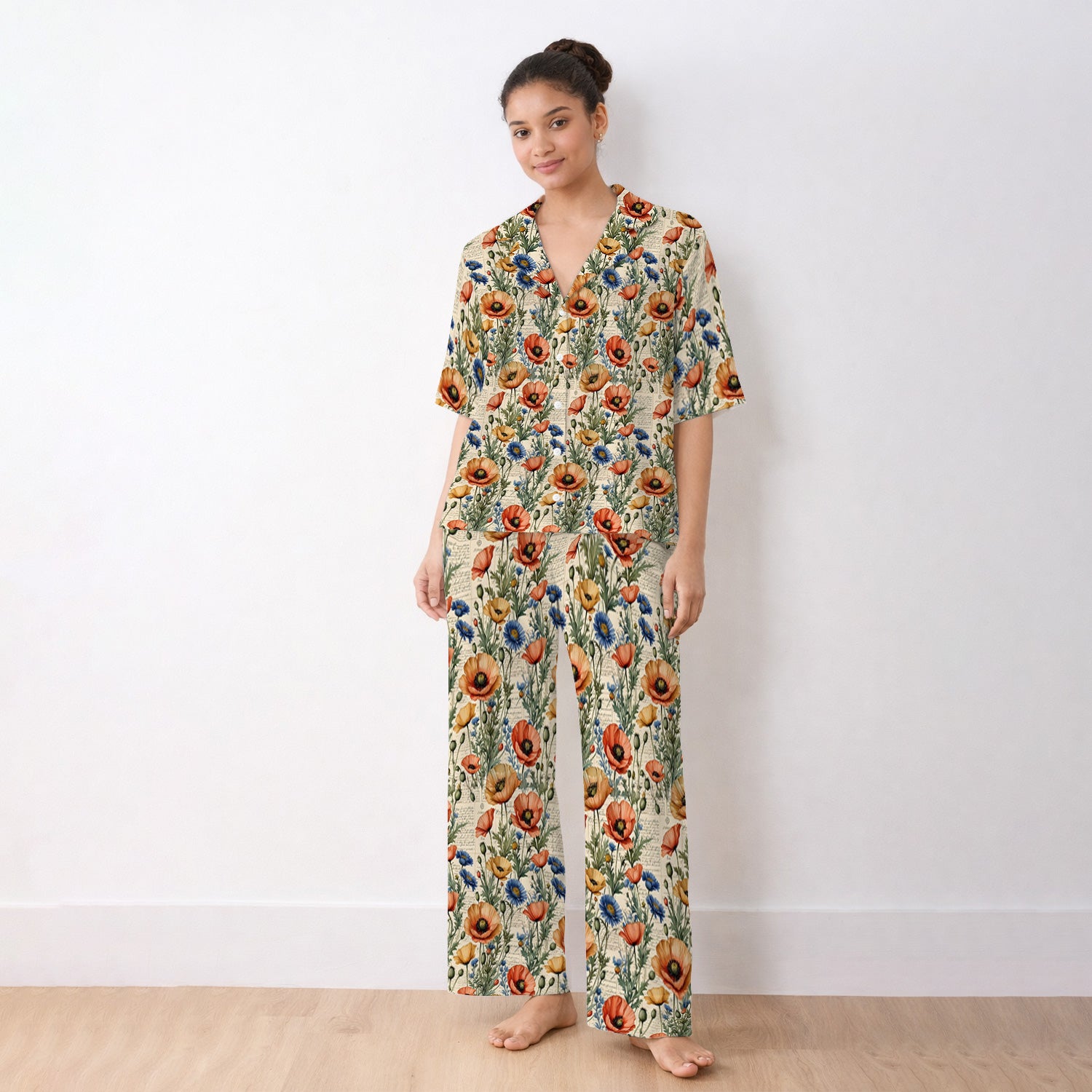 Vintage Poppy Wildflower Script Print Pajama Set, Soft Breathable Fabric Comfortable Sleepwear