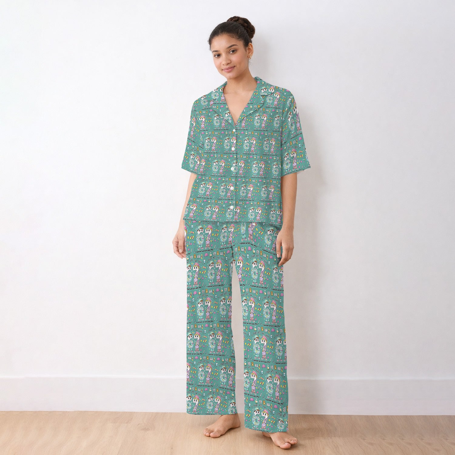 Cartoon Characters Six Hours Into Shift With Medical Doodle Pajama Set, Breathable Fabrics Uniform