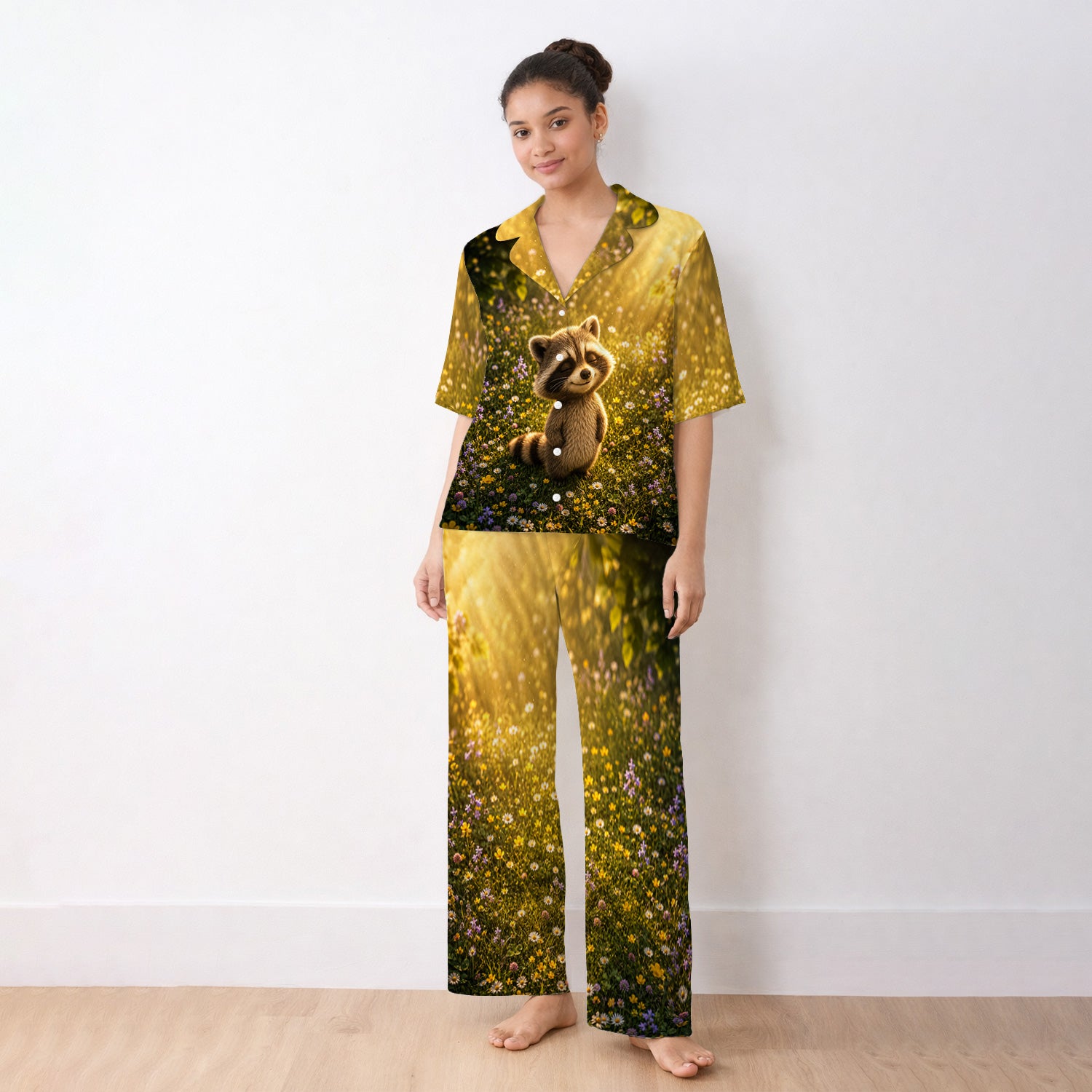 Smiling Raccoon Meadow Flower Pattern Pajama Set, Soft Breathable Fabric Comfortable Sleepwear