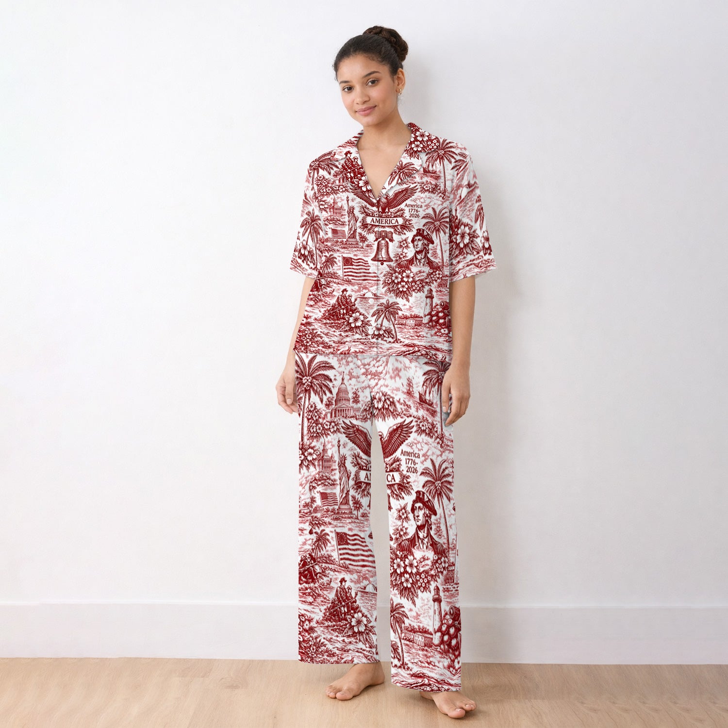 Patriotic America Heritage Toile Pattern Pajama Set, Breathable Fabrics Uniform