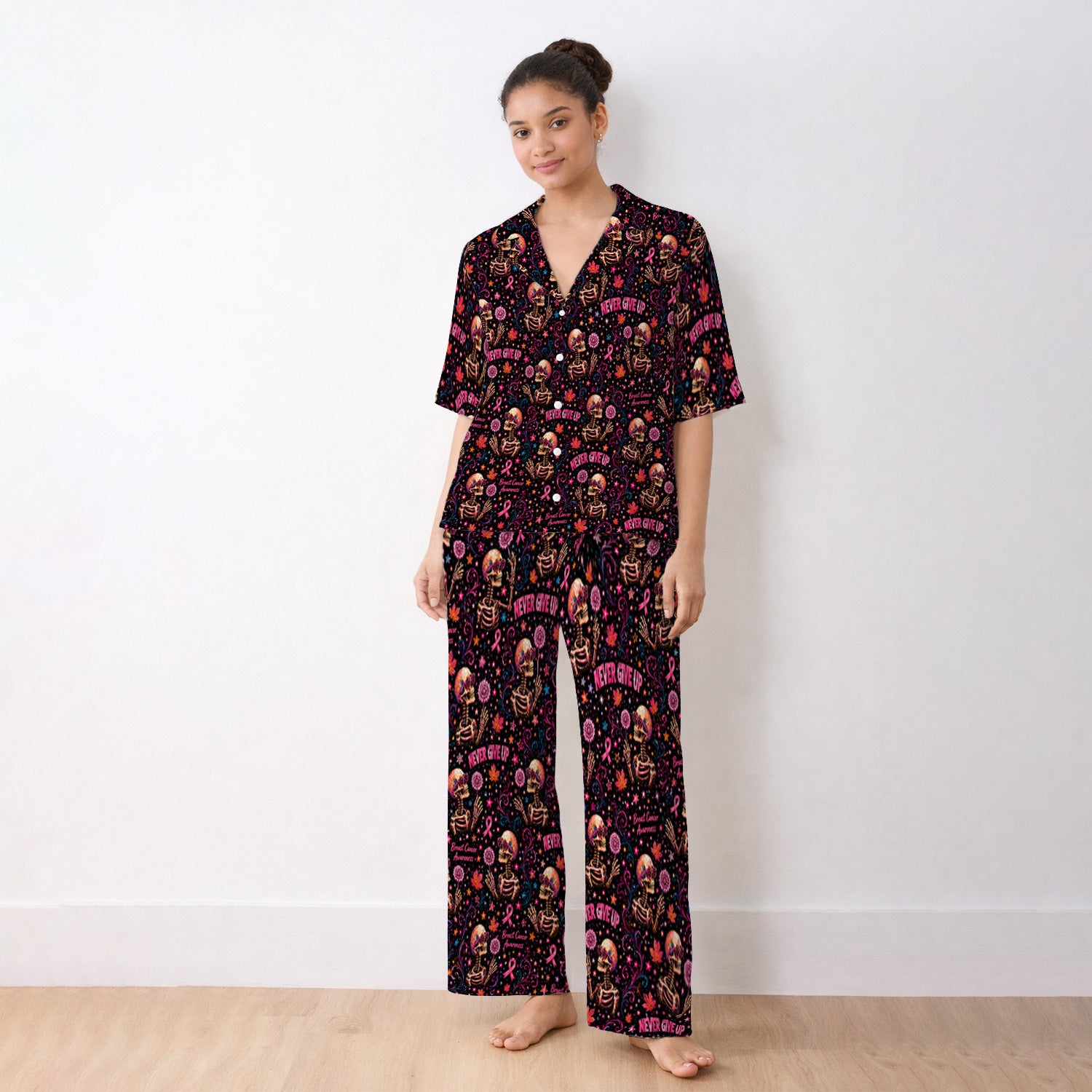 Breast Cancer Awareness Skeletons Pattern Pajama Set, Soft Breathable Fabric Comfortable Sleepwear