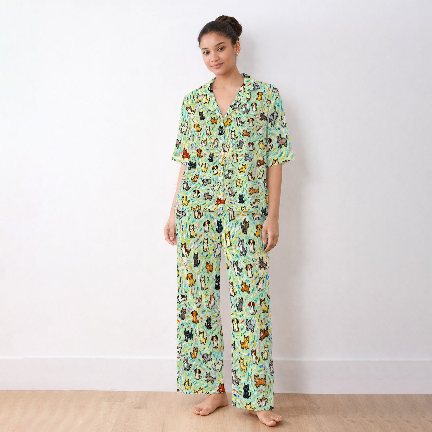 Colorful Cats Dogs Doodle Pattern Pajama Set, Soft Breathable Fabric Comfortable Sleepwear